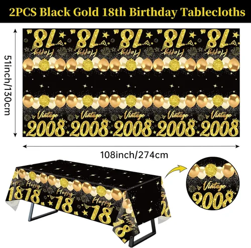 Vista 2 de Uiorgui 2 manteles de cumpleaños de 18 años, decoración de cumpleaños número 18 negro y dorado para niños y niñas, mantel rectangular de plástico
