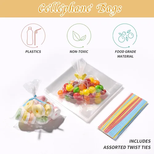 Vista 6 de Brandon-super 200 PZS Bolsas de Celofán Transparente de 4 x 4 pulgadas, Bolsas Transparentes para Dulces con Lazos para Bolsas de Galletas, Bolsa