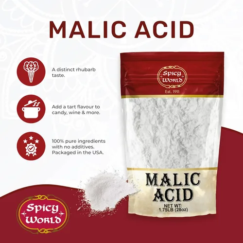 Vista 3 de Spicy World Polvo de ácido málico de 1.75 libras (28 onzas), grado alimenticio, cristales, sabor agrio, 1 paquete cada uno