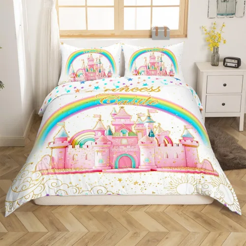 Vista 23 de Feelyou Juego de ropa de cama de casstle con purpurina para niños, tamaño individual, funda de edredón de cuento de hadas para niños y niñas, funda