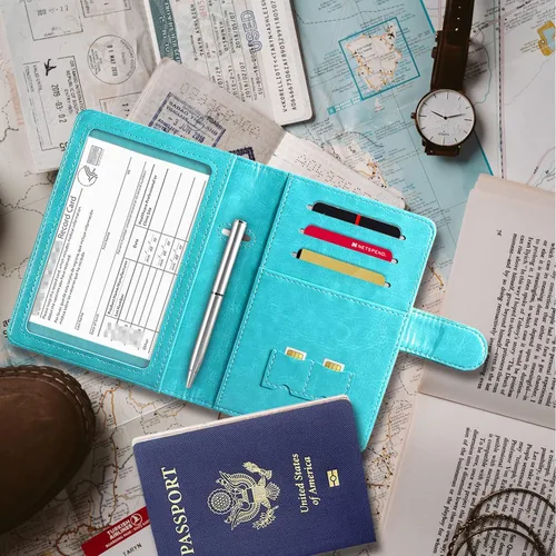 Vista 5 de RSAquar Combo de portatarjetas de pasaporte y vacunación, funda de pasaporte, funda de cuero para tarjetas de viaje, accesorios con bloqueo RFID