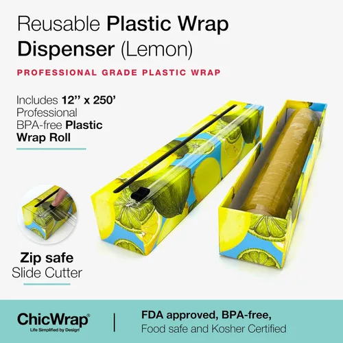 Vista 2 de Dispensador recargable de envoltura de plástico ChicWrap con limón - Incluye un rollo de 12" x 250 pies de envoltura de plástico de grado