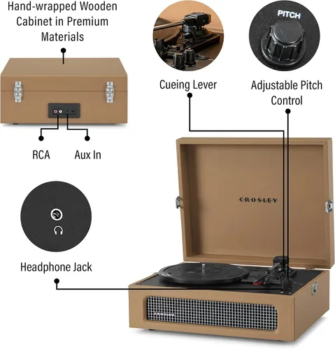 Vista 3 de Crosley CR8017B-TA Voyager - Tocadiscos portátil clásico de vinilo con Bluetooth de entrada/salida y altavoces integrados, color marrón