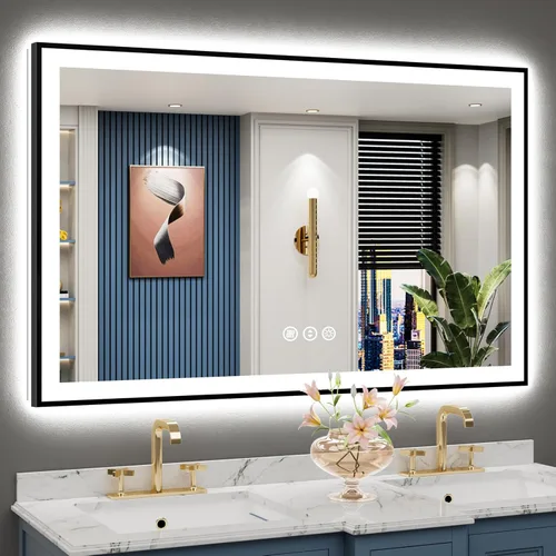 Vista 45 de Espejo de baño LED de 48 x 30 pulgadas con luces, retroiluminado + frontal iluminado, espejo de tocador con luz antiniebla para pared de baño con 3