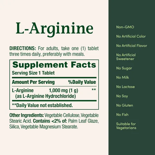 Vista 5 de Nature’s Bounty L-Arginina 1000mg para apoyar el flujo sanguíneo y la función vascular – Sin OMG, sin gluten, 50 tabletas