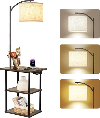 Vista 7 de PESRAE Lámpara de pie con mesa, lámparas para mesita de noche con estación de carga (USB y tipo C y puerto de CA), bombilla LED de 3 temperaturas