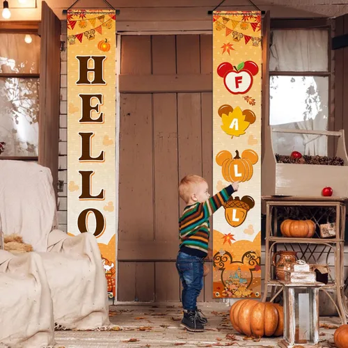 Vista 2 de Letrero decorativo para porche con texto en inglés "Hello Fall", suministros temáticos de otoño, diseño de ratón, calabaza, puerta, hoja, arce