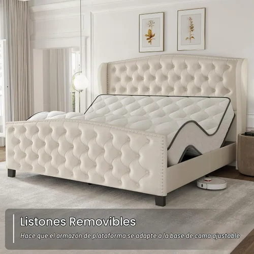 Vista 9 de LARMACE Base de cama tamaño Queen con tapizado de terciopelo, cama de plataforma con cabecera y pie de ala, base de cama con botones profundos