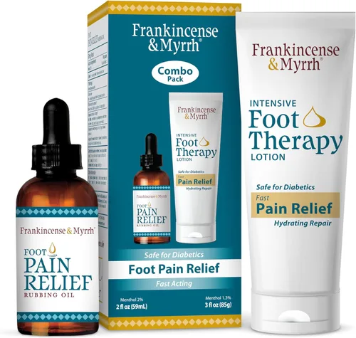 FRANKINCENSE & MYRRH Paquete combinado para el dolor de pies: aceite para frotar para aliviar el dolor de pies (2 onzas) y loción de terapia