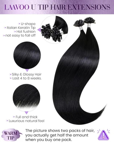 Vista 2 de LaaVoo Extensiones de cabello humano con punta en U, color negro azabache, extensiones de cabello de fusión caliente, 1.76 oz, 50 s, 14 pulgadas