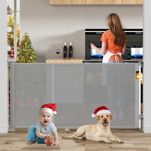 Vista 12 de Uamector Puerta retráctil para bebés y perros, puerta de seguridad de malla ajustable que se extiende hasta 72 pulgadas de ancho y 34 pulgadas