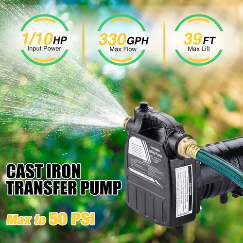 Vista 3 de Trupow DC 12-Volt 1/10HP 330GPH, alimentada por batería, mini bomba de agua de transferencia de sumidero eléctrico portátil con kit de manguera