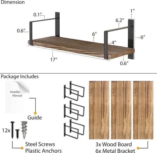 Vista 3 de Wallniture Toledo - Estantes flotantes para decoración de sala de estar, juego de 3 estanterías flotantes, estantes de pared de madera rústica