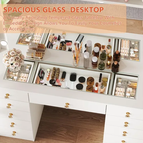 Vista 3 de Escritorio de Tocador con Espejo Grande y 10 Luces LED, Escritorio de Maquillaje con Superficie de Cristal con 11 Cajones y Toma de Corriente