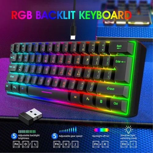 Vista 2 de ASHATA 60% Wireless Mechanical Keyboard, 2.4G Gaming Keyboard RGB Backlit 61 Keys Rechargeable, Supports Sleep Mode, Ergonomic Comfort, for PC Laptop