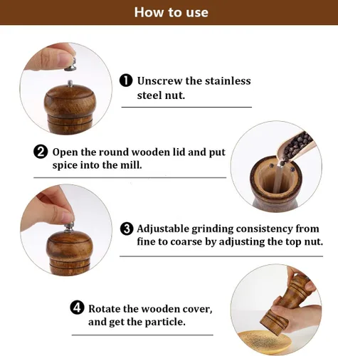 Vista 4 de Juego de Molinillos de Sal y Pimienta, Ouktor Molinos Manuales de Madera para Sal y Pimienta con Agitadores, Rotor de Cerámica con Ajuste de Finura