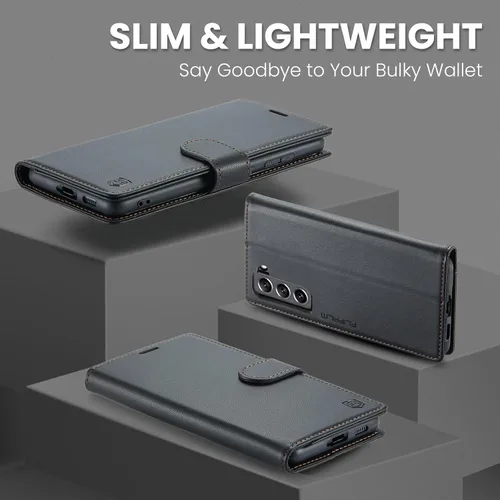 Vista 6 de FLIPALM Funda tipo cartera para Samsung Galaxy S21 FE 5G, bloqueo RFID, tarjetero de crédito, de piel sintética, función atril, funda protectora a