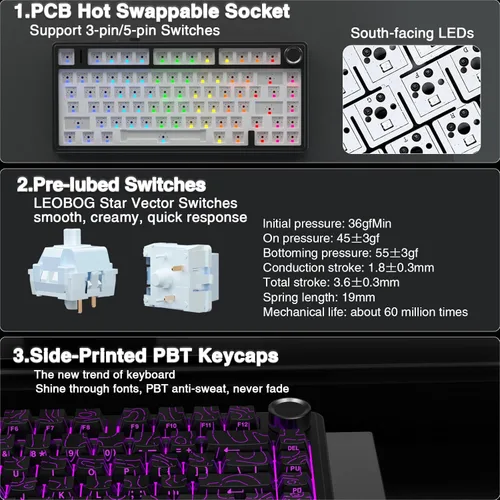 Vista 5 de AULA Teclado mecánico inalámbrico F75 Pro con perilla, 75% teclados personalizados intercambiables en caliente, retroiluminación RGB, interruptores