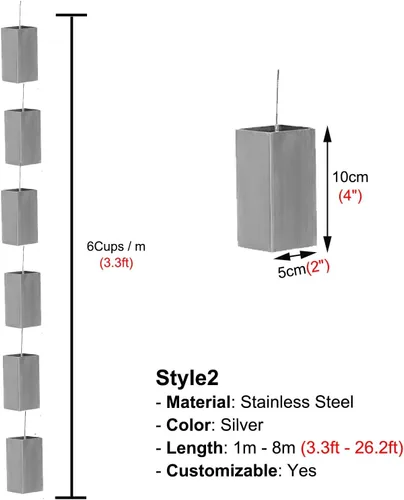 Vista 7 de Cadena de lluvia Channel Link para flujo de agua pesado, resistente al óxido, resistente al óxido, canalón de lluvia de acero inoxidable plateado