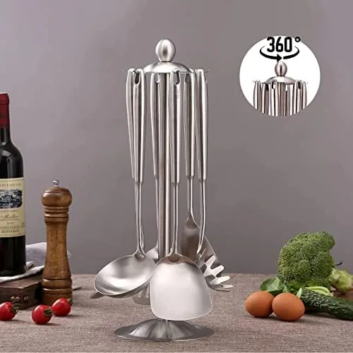 Vista 5 de 304 Stainless Steel Kitchen Utensils Set with Holder - 7 Pcs Metal Cooking Spoons, Kitchen Tools with Rotating Stand, Spatula, Ladle, Skimmer Spoon