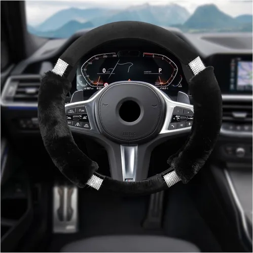Funda mullida para volante de automóvil con diamantes de imitación, cómoda funda antideslizante para volante de lana sintética, protector suave para