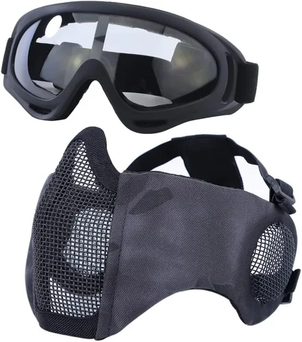 Vista 28 de Máscara de Airsoft con Gafas, Máscara de Malla Plegable de Media Cara con Protección para los Oídos para Paintball, Tiro, Cosplay, Juego CS