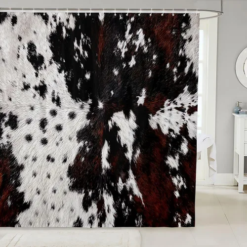 Feelyou Cortinas de ducha con estampado de vaca marrón, tela impermeable de Negro White1