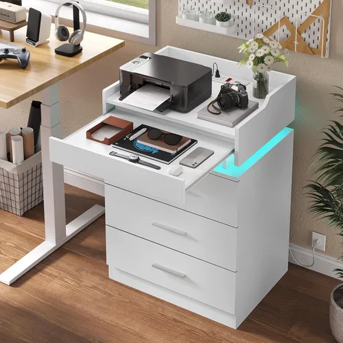 Vista 6 de White Nightstand Set of 2,LED Night Stand with Charging Station & Pull-Out Tray,Bedside Table with Drawers,Modern End Table Side Table Storage