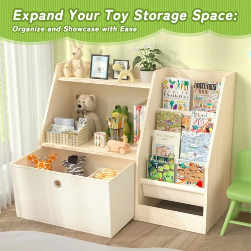 Vista 3 de TOETOL Estantería para niños y almacenamiento de libros, estante de libros de madera con 4 compartimentos tipo bandolera para niños pequeños