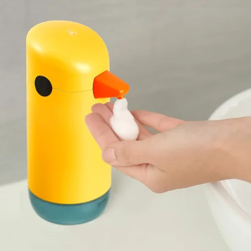 Vista 7 de Dispensador automático de jabón de pato amarillo de 2 piezas, espumoso, sin contacto, funciona con pilas para baño y cocina
