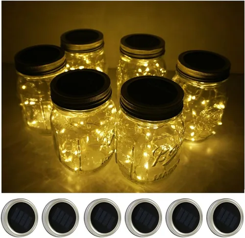 Vista 9 de Decorman Luces Solares para Tapas de Frascos Mason, Paquete de 6, 10 LED Luces de Cuerda Impermeables con Hadas Estrella Luciérnaga para Tapas
