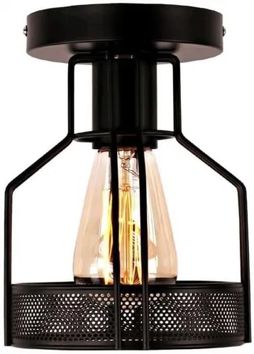 Black Flush Mount Ceiling Light, Industrial Cage Design E27 Metal Fixture, Vintage Retro Style Geometric Shade, Farmhouse Decor for Entryway,