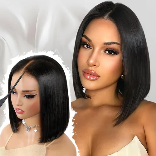 Farblick Peluca Bob de cabello humano de 10 pulgadas, pelucas sin pegamento de cabello humano pre cortadas, pre depiladas, 6×4 encaje frontal HD,