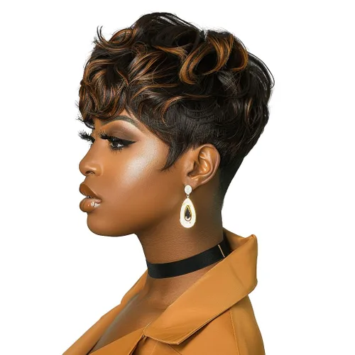 Vista 10 de Pelucas de corte Pixie para mujeres negras, pelucas cortas negras naturales con flequillo, pelucas de pelo corto para mujeres negras (negro)