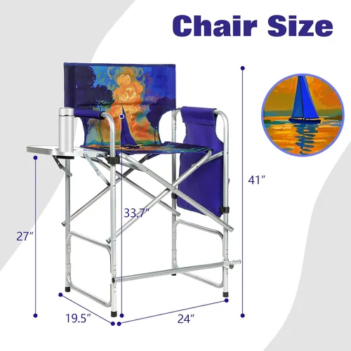 Vista 2 de Silla plegable alta de directores con mesa auxiliar de 41 pulgadas de altura del asiento, silla de campamento plegable, taburete de bar