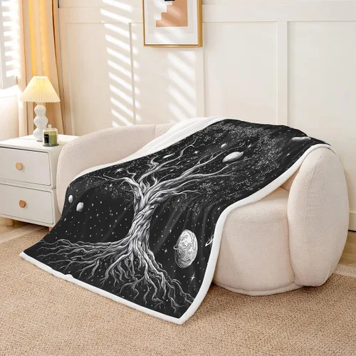 Vista 3 de Manfei Tree of Life Throw Blanket Galaxy Planets Print Fuzzy Blanket for Kids Boy Girls Room Decor, Abstract Tree Blanket for Bed Couch Sofa, Soft
