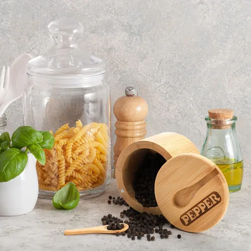 Vista 9 de Lawei Paquete de 2 cuencos de bambú para sal y pimienta, recipiente redondo para sal con tapas magnéticas giratorias y cucharas, bodegas de sal