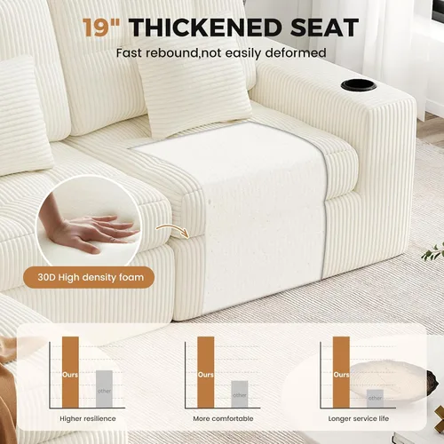 Vista 6 de Sofá modular sin hueso de nube de 112 pulgadas en forma de L, moderno sofá modular con cojín en capas, sofás de pana convertibles sin montaje