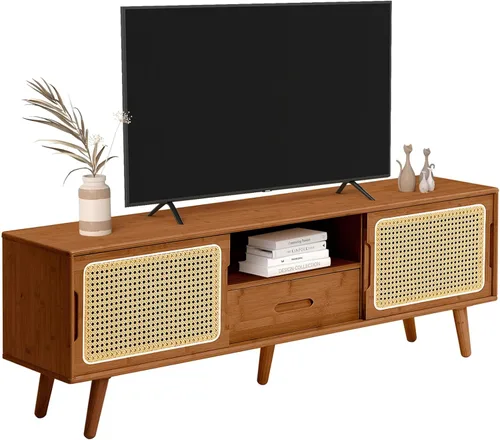 Vista 14 de HollyHOME Soporte de TV de bambú con almacenamiento para televisores de hasta 65 pulgadas, moderno centro de entretenimiento con 2 estantes