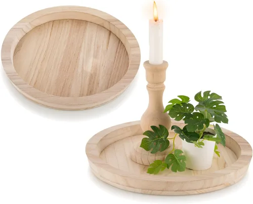 Vista 18 de Hanobe Bandeja decorativa de madera redonda: bandejas de madera sin terminar para manualidades, bandeja otomana para servir bricolaje, centro
