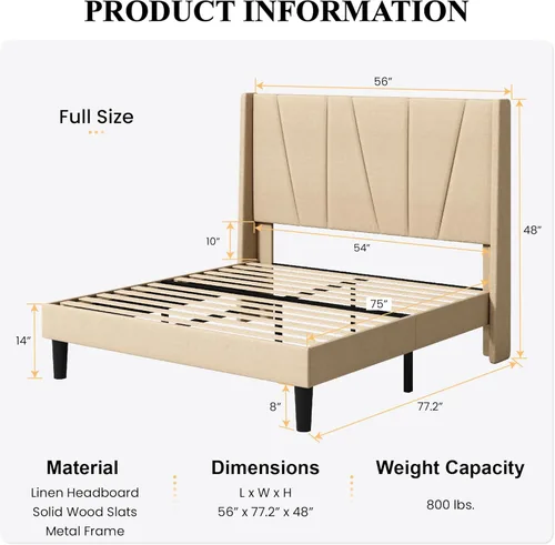 Vista 2 de SHA CERLIN Base de cama de tamaño matrimonial con cabecera geométrica con respaldo de ala, plataforma tapizada con soporte de listones de madera