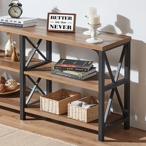 Vista 4 de IBF Mesa de entrada de granja, mesa consola larga rústica detrás del sofá, moderna mesa de sofá de madera de metal con estantes de almacenamiento