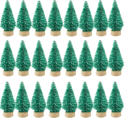 Vista 11 de 24 piezas de mini árboles artificiales de sisal de nieve con base de madera, cepillo para botella, árboles de plástico para invierno, adornos