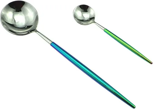 Vista 5 de JASHII Juego de cubiertos de acero inoxidable 18/10 de 24 piezas, pulido con espejo, color arcoíris, plateado, incluye cucharas, tenedor, cuchillo