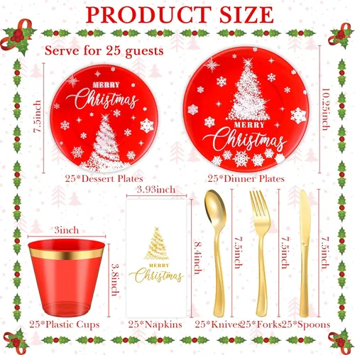 Vista 2 de Maxcheck Juego de vajilla de plástico de Navidad de 175 piezas, 25 platos llanos, 25 platos de postre, 25 servilletas, 25 tenedores, 25 cuchillos
