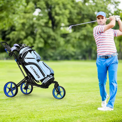 Vista 9 de GYMAX Carrito de golf plegable con rueda delantera giratoria, carrito de golf ajustable de 3 ruedas, carrito de golf compacto fácil de plegar