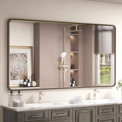 Vista 39 de OKPAL Espejo de Baño con Marco de Metal Negro de 40 x 36 Pulgadas para Pared, Espejo de Tocador de Baño Negro Mate, Espejo Rectangular Redondeado