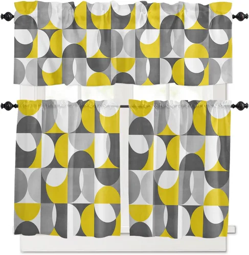 Vista 31 de Cenefa de cocina para ventanas, Día de la Independencia, pentagrama, textura de arpillera a cuadros, semitransparente, con bolsillo para barra