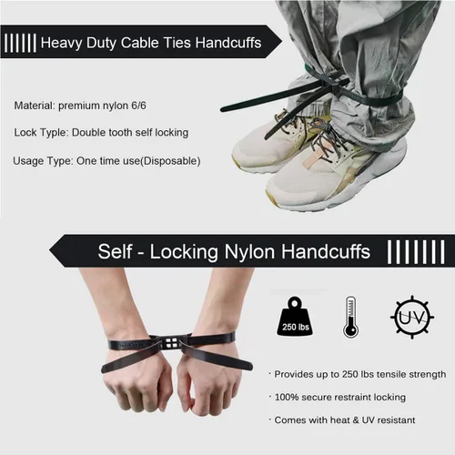 Vista 3 de Esposas con correas flexibles de 35.4", 20 piezas. Esposas de precinto con cierre de mano resistentes de alta resistencia, desechables, de nylon