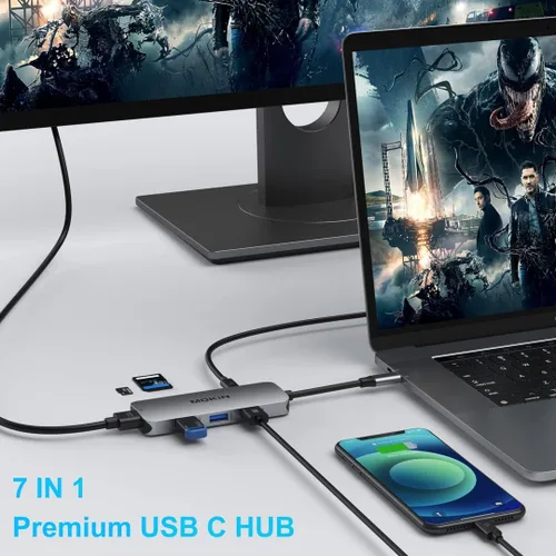 Vista 3 de Adaptador USB C para MacBook Pro/Air, MOKiN USB CHub, Mac Dongle, 7 en 1 multipuertos USBC Hub a 3 USB 3.0, 4K HDMI, lector de tarjetas SD/TF